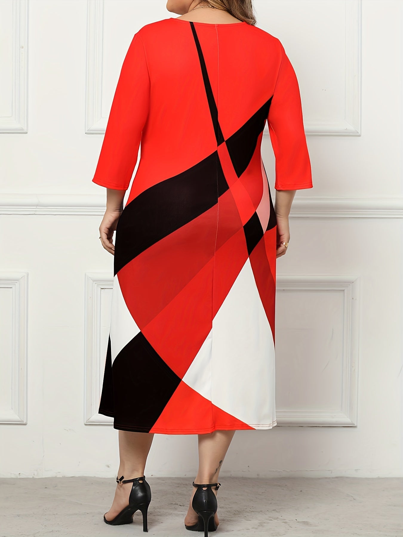 Colorblock Geometric Print Midi Dress