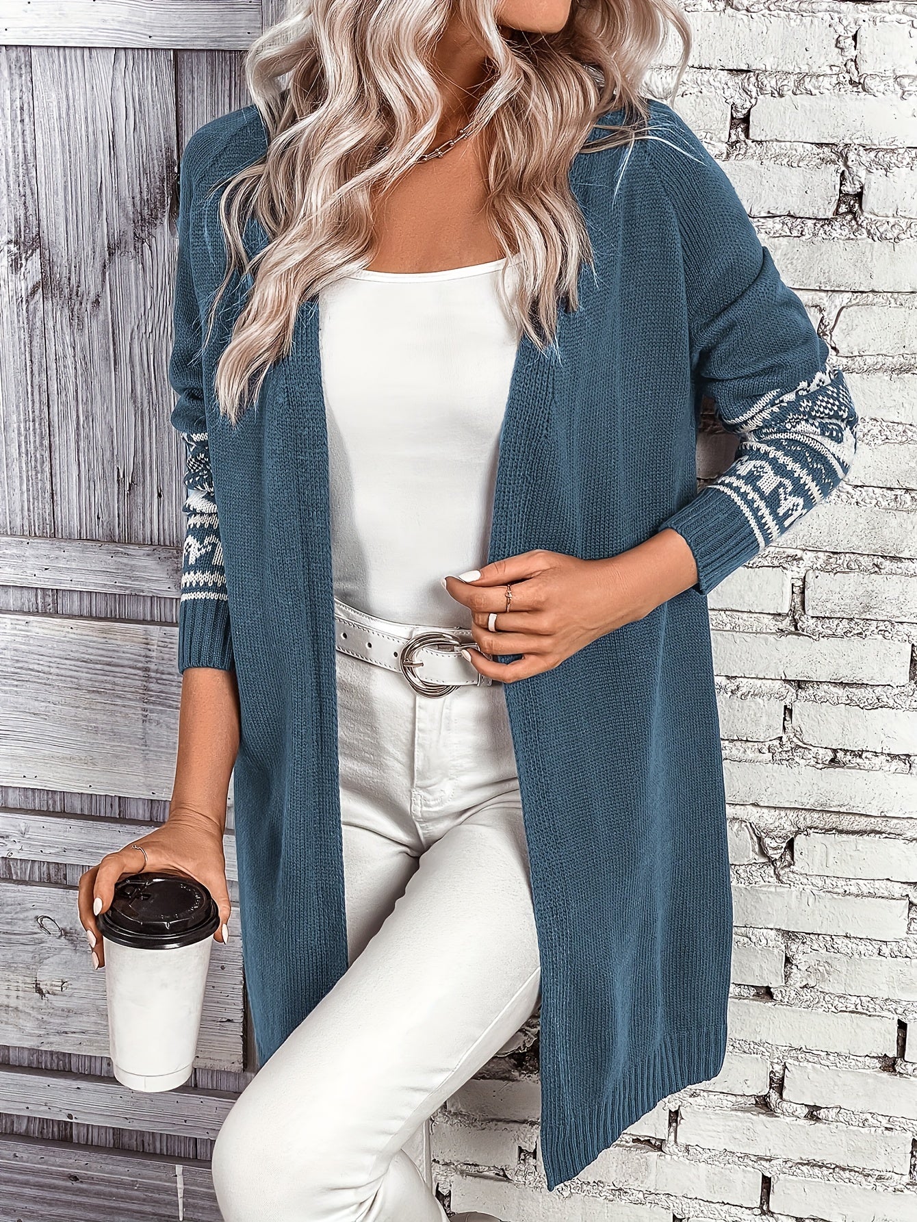 Women's Plus Geo Print Open Front Cardigan