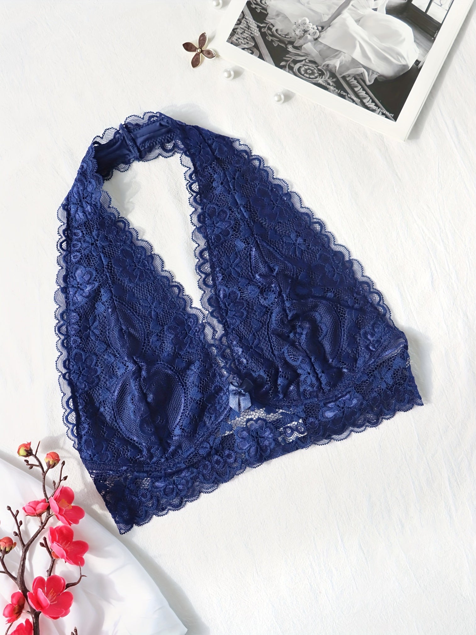 Floral Lace Halter Bralette Wireless Lingerie with Removable Padded Crop Top