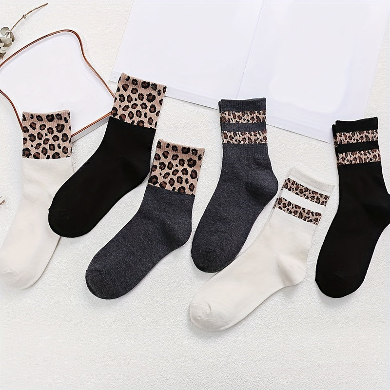 6 Pairs Leopard Print Mid Tube Socks Breathable Women's Stockings