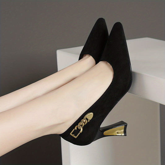 Metal Chain Chunky Heel Pumps Pointed Toe Wedding Shoes