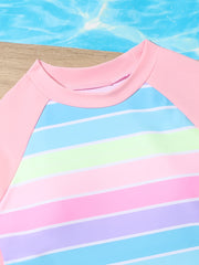 2pcs Rainbow Striped Tankini Swimsuit Long Sleeve Top Beach