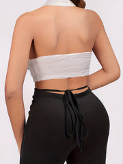 Textured Crop Halter Top V Neck Backless Summer Top Women's Clothing