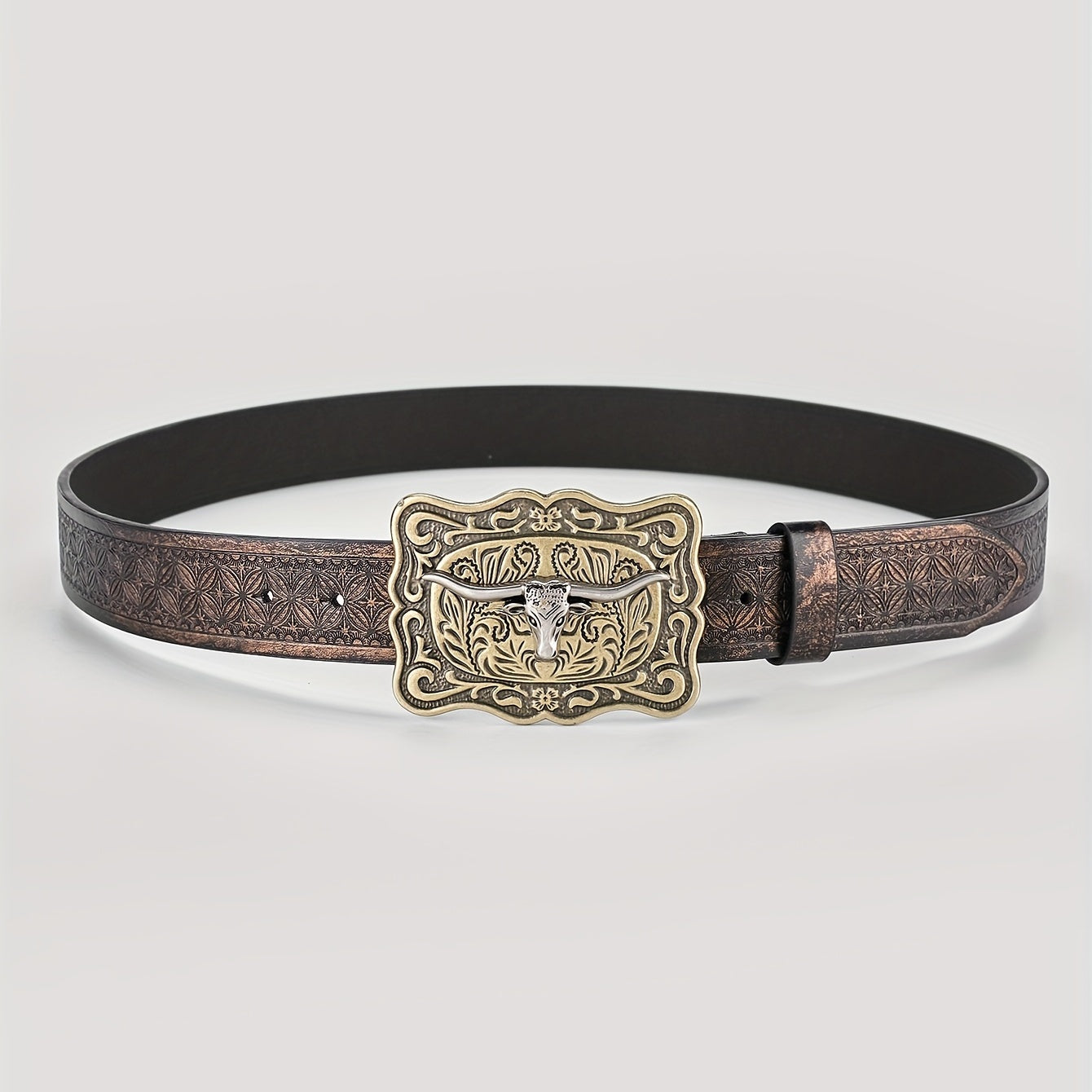 Cattle Long Horn Buckle Floral Pattern Belt Western Cowboy Leather Vintage Belt