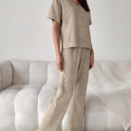 Ribbed Lounge Set Short Sleeve Top & Pants Women's Loungewear