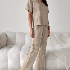 Ribbed Lounge Set Short Sleeve Top & Pants Women's Loungewear