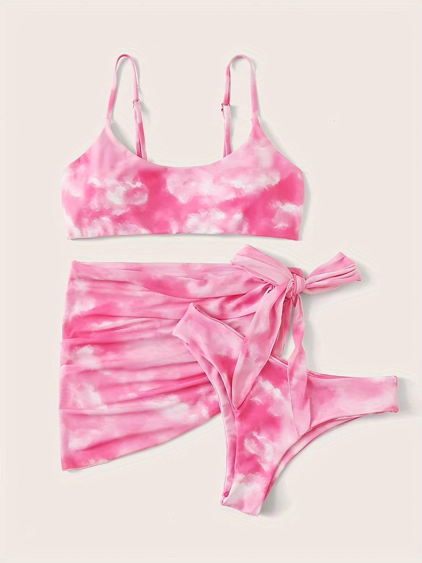 Pink Tie Dye Swimsuits Set Round Neck Tie Side Wrap Beachwear