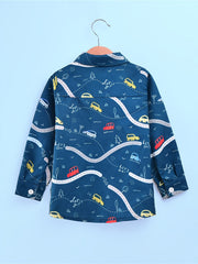 Boys Car Print Hawaiian Shirt Long Sleeve Button Down