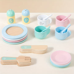 30pcs Macaron Wooden Tea Set Plates Knives Spoons Kitchen Role Play Toy