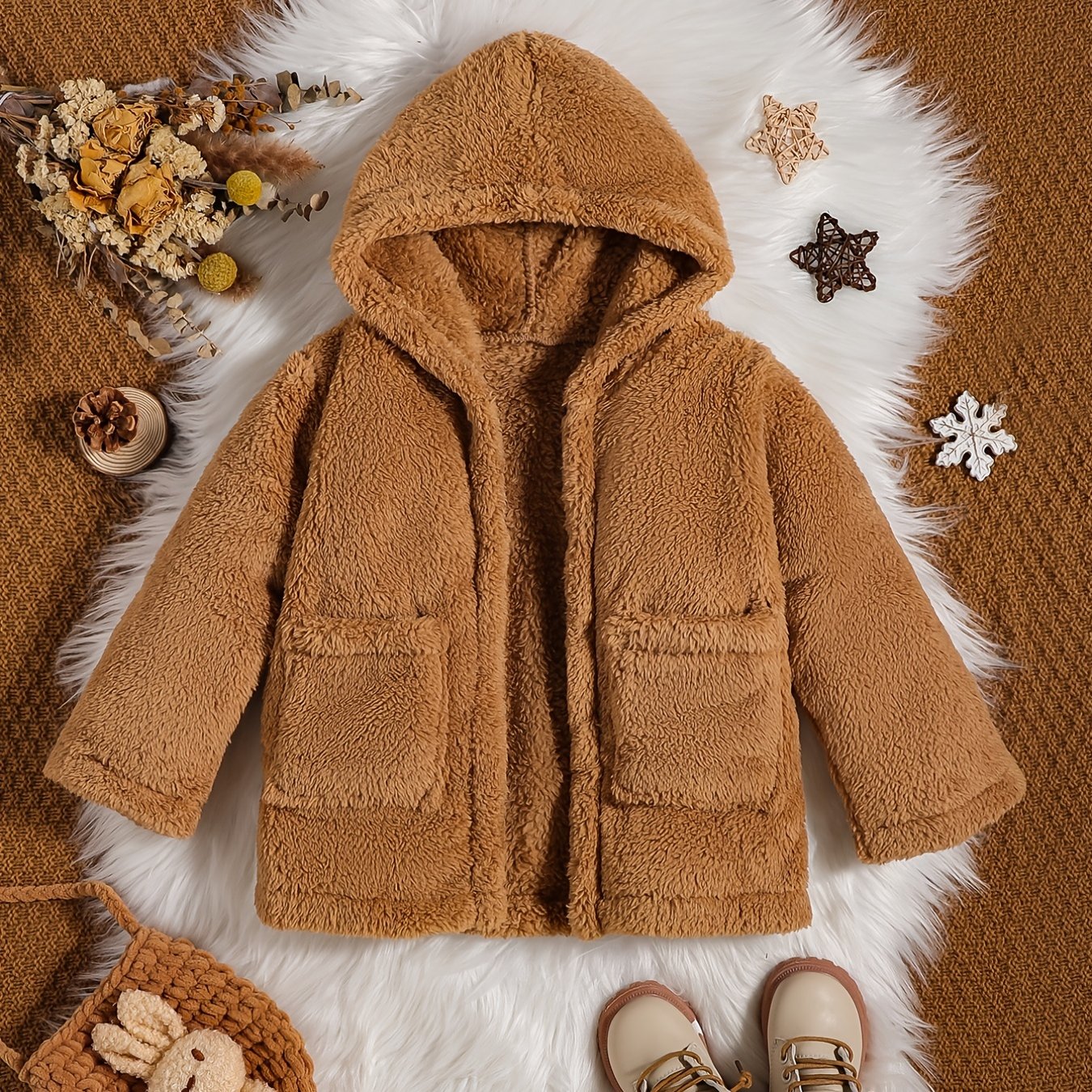 Kids Fleece Hoodie Jacket Open Front Warm Coat