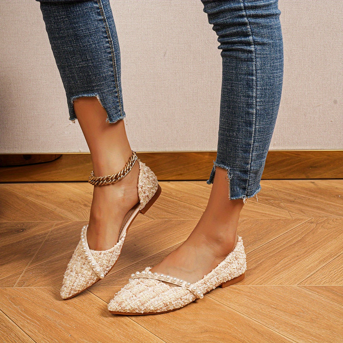 Tweed Ballet Flats Pointed Toe Faux Pearl Decor Slip On Work Flats