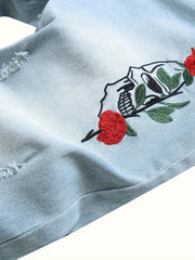 Men's Rose Embroidery Ripped Washed Jeans Streetwear Denim Pants