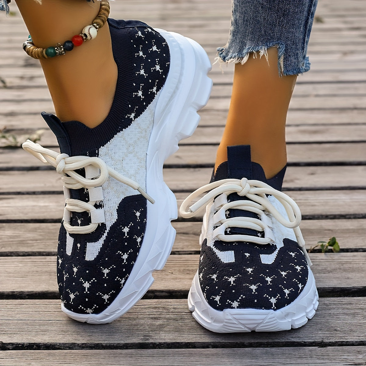 Women's Printing Flying Woven Running Shoes Chunky Sneakers