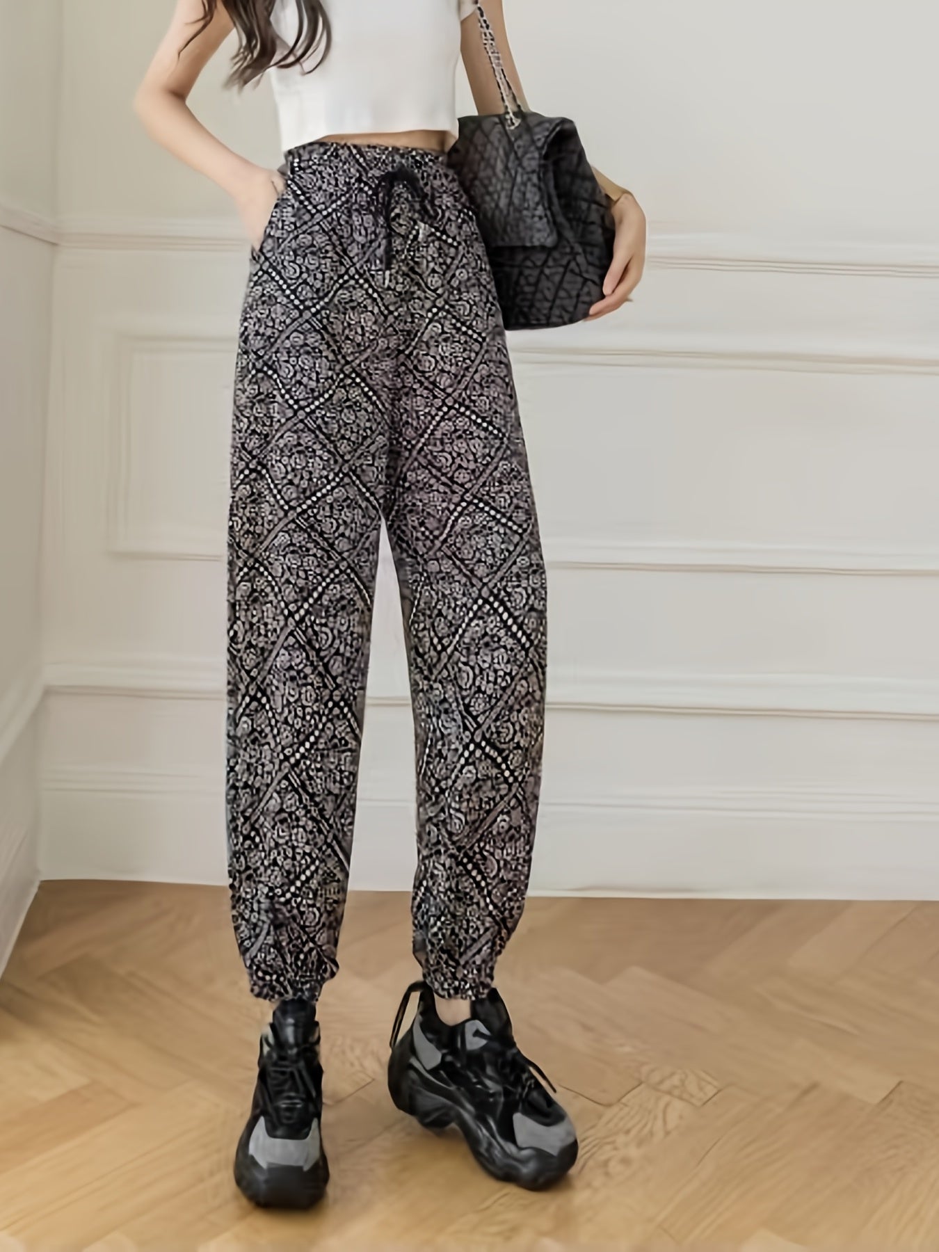 Floral Print High Waist Drawstring Pants Casual Women's Clothing
