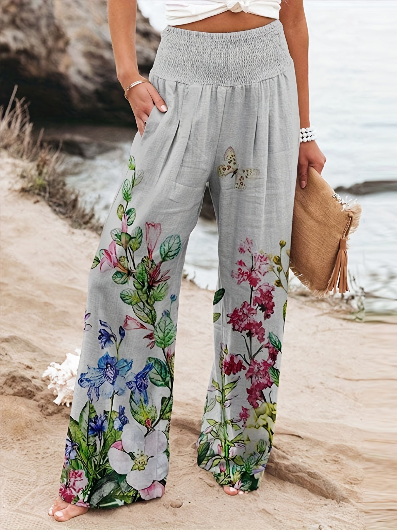 Floral Wide Leg Pants Smocked Waist Casual Women's Clothing