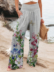 Floral Wide Leg Pants Smocked Waist Casual Women's Clothing