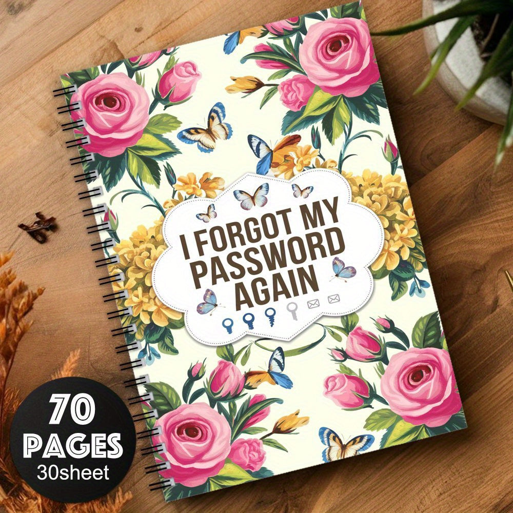 Floral Spiral Password Notebook, 70 Pages, Colorful Flowers & Butterflies