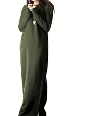 Solid Button Detail Long Sleeve Maxi Dress