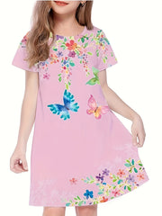 Butterfly Graphic Short Sleeve Dress Girls Summer