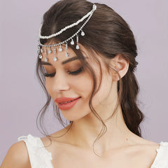 Bridal Zircon Faux Pearl Headband Rhinestone Pendant Tassel Hair Accessory