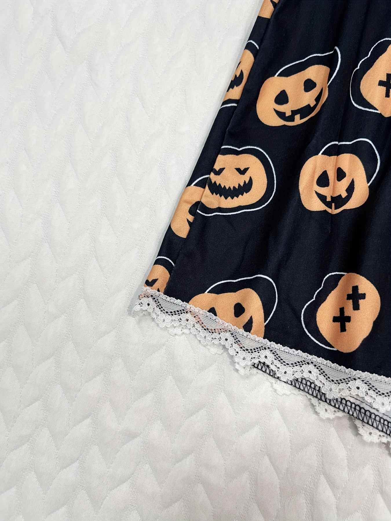 Pumpkin Print Pajama Set V Neck Cami Top & Lace Trim Shorts