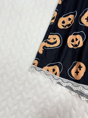 Pumpkin Print Pajama Set V Neck Cami Top & Lace Trim Shorts