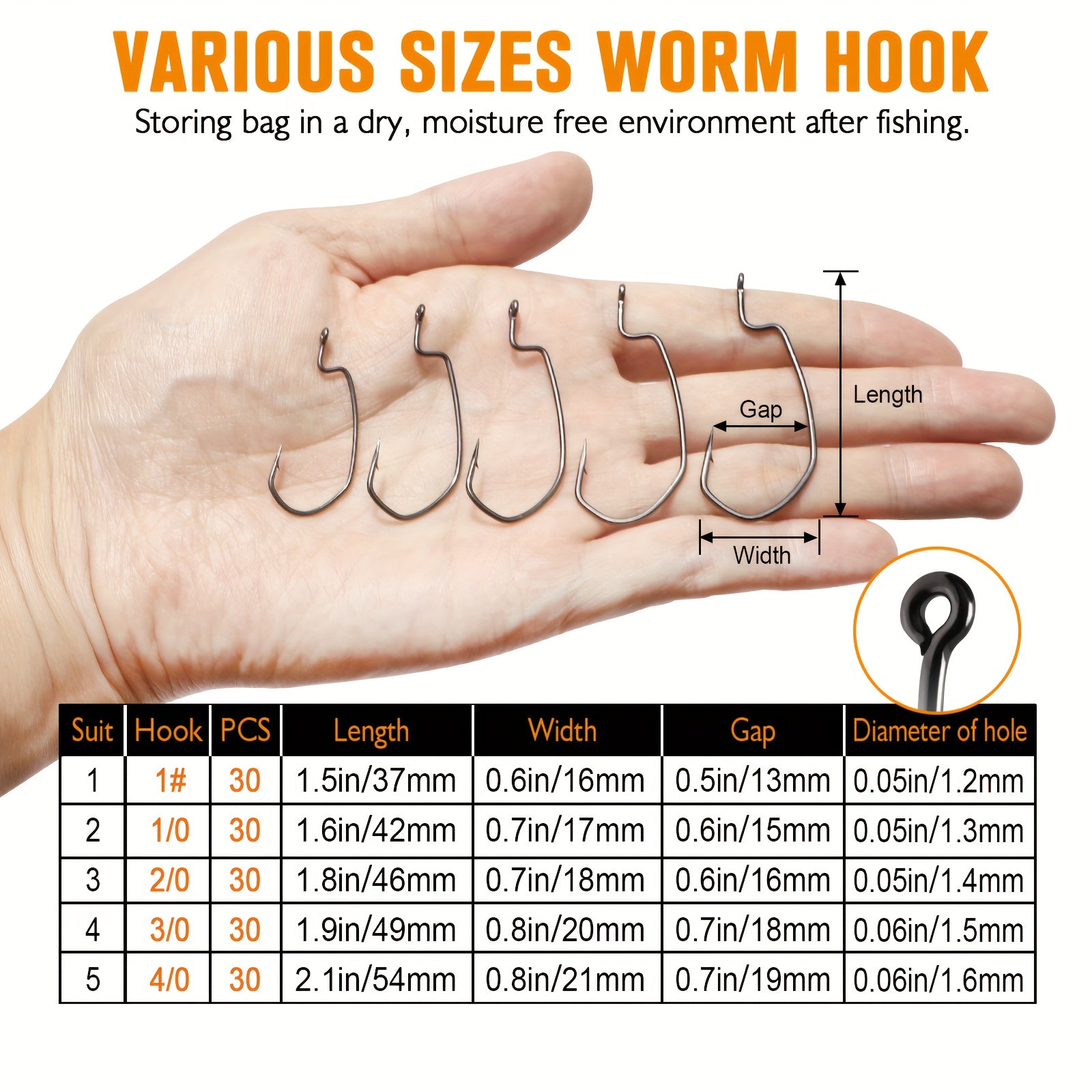 Dovesun EWG 30pcs Fishing Hook Offset Worm Hooks Texas Rig Hooks Bass Hooks