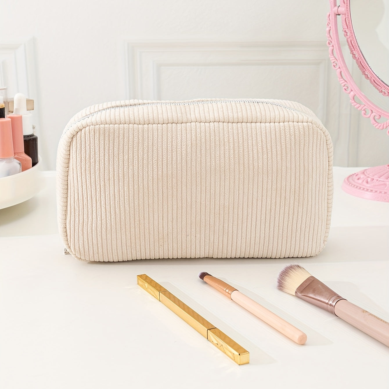 Corduroy Cosmetic Bag w/Silvery Zipper Portable Toiletry Bag