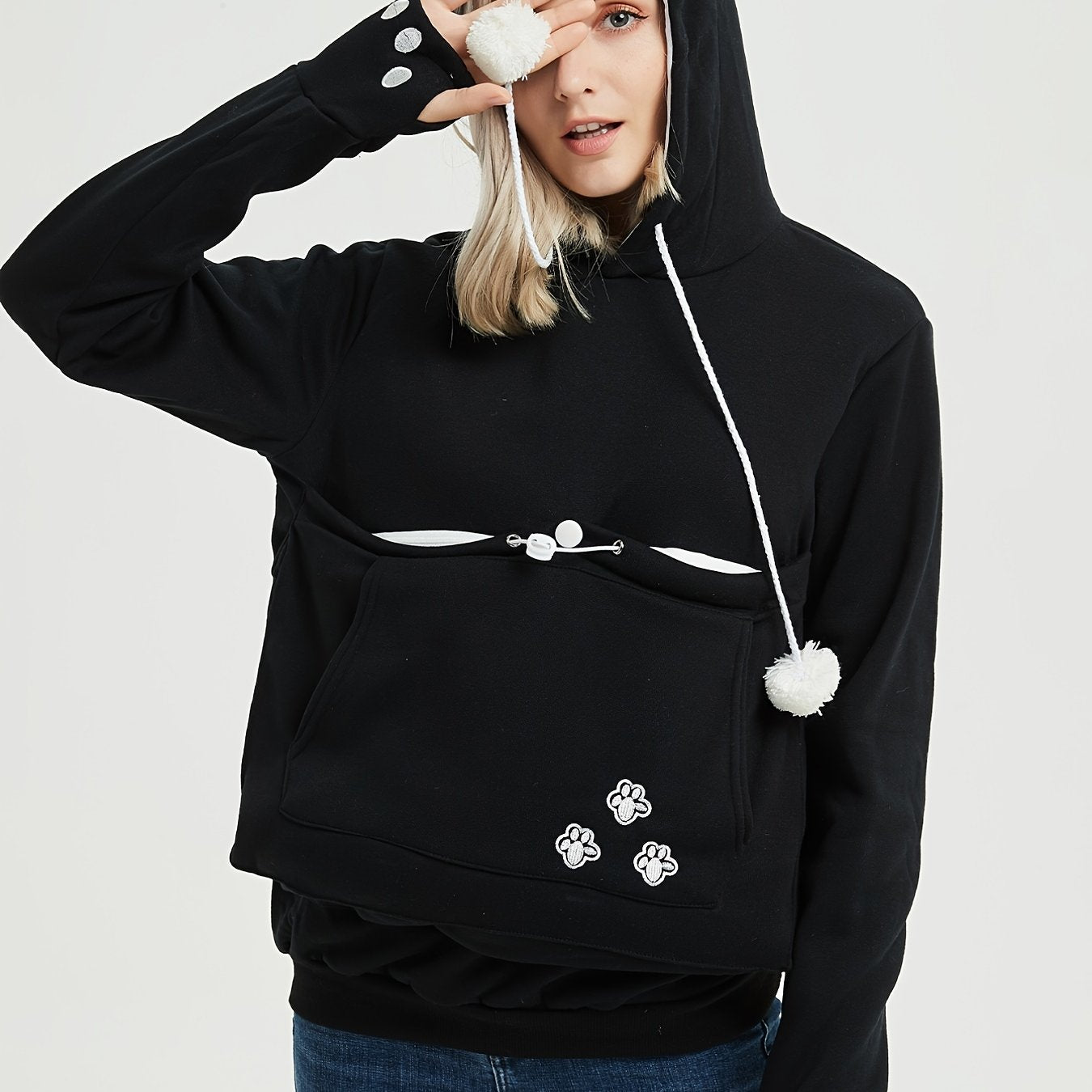 Cat Paw Pattern Pocket Hoodie Long Sleeve Hoodies