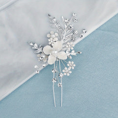 Flower Charm Hair Pin Rhinestone & Pearl Headwear Bridal Wedding Accessory