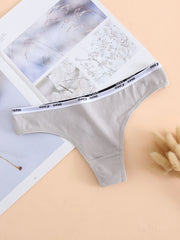 6 Pack Cotton Thong Panties, Solid Alphabet Waistline, Women's Lingerie