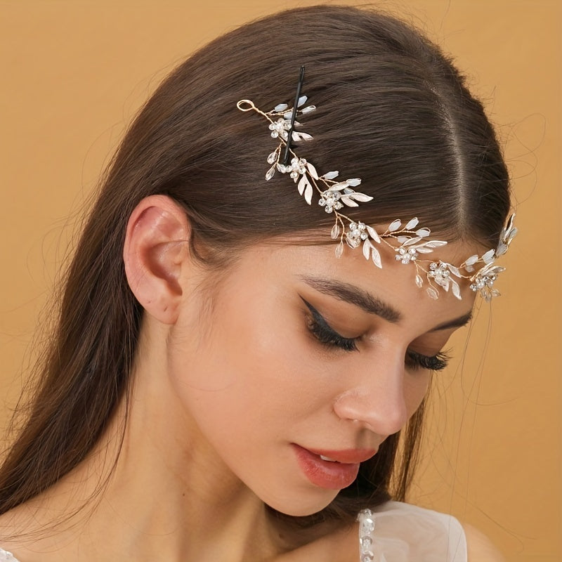 Bridal Crystal Faux Pearl Headband Tiara Golden Leaf Rhinestone Hairband