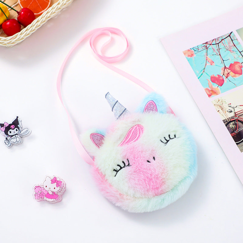Girls Plush Unicorn Crossbody Bag Coin Purse With Zippers