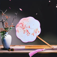 Flower Print Handheld Fan Wooden Handle Ancient Costume Accessories Fan