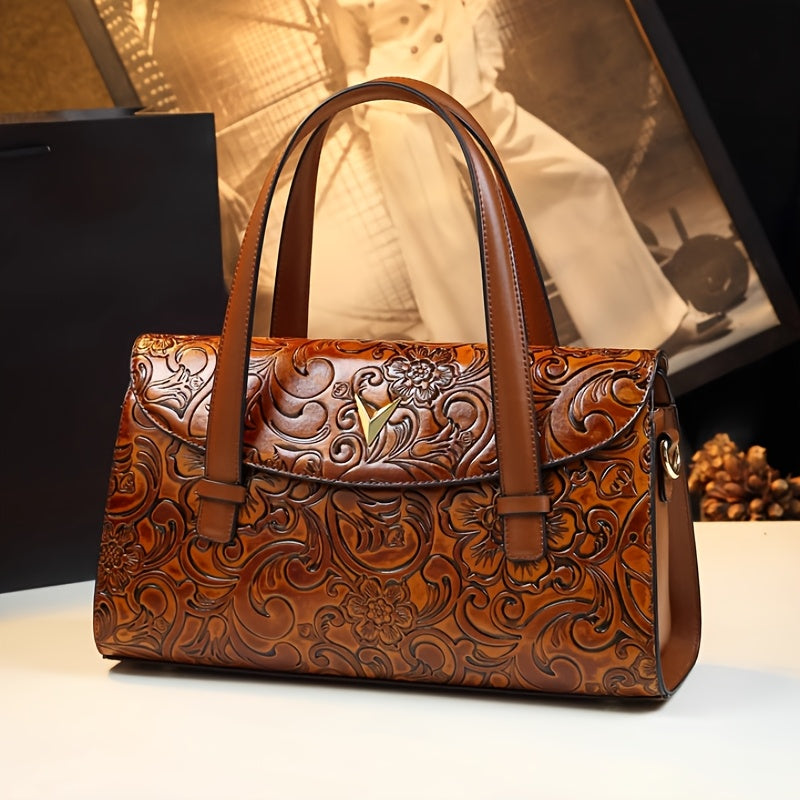 Vintage Floral Embossed Bucket Bag Coffee & Light Brown