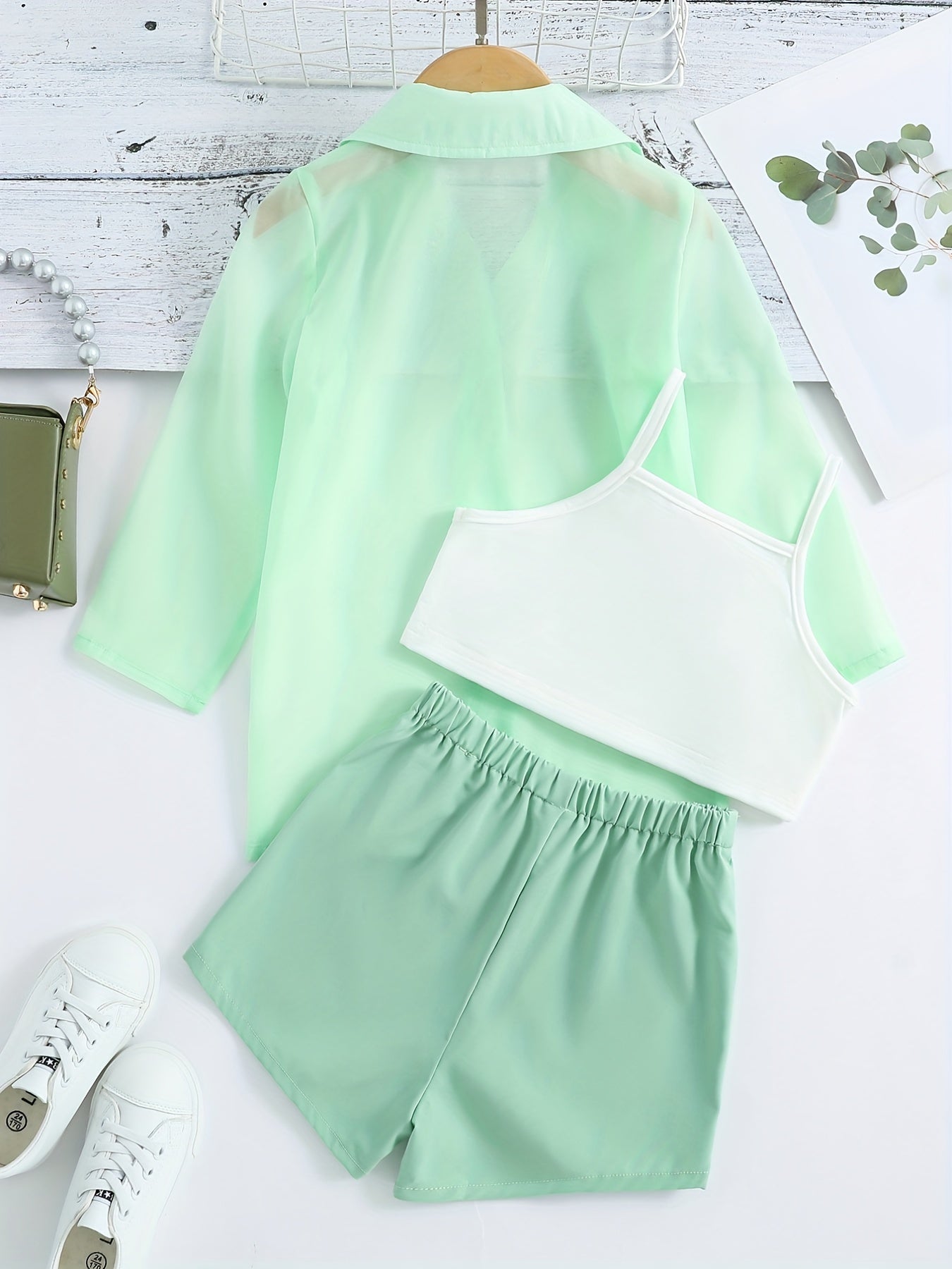 3 Pcs Ultra Thin Long Sleeve Semi Sheer Top & Cami Crop Top & Shorts Set