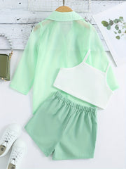 3 Pcs Ultra Thin Long Sleeve Semi Sheer Top & Cami Crop Top & Shorts Set