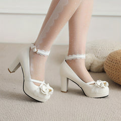 Women's Lolita Pumps Platform Heels Lace Bow Ankle Strap Block Heels