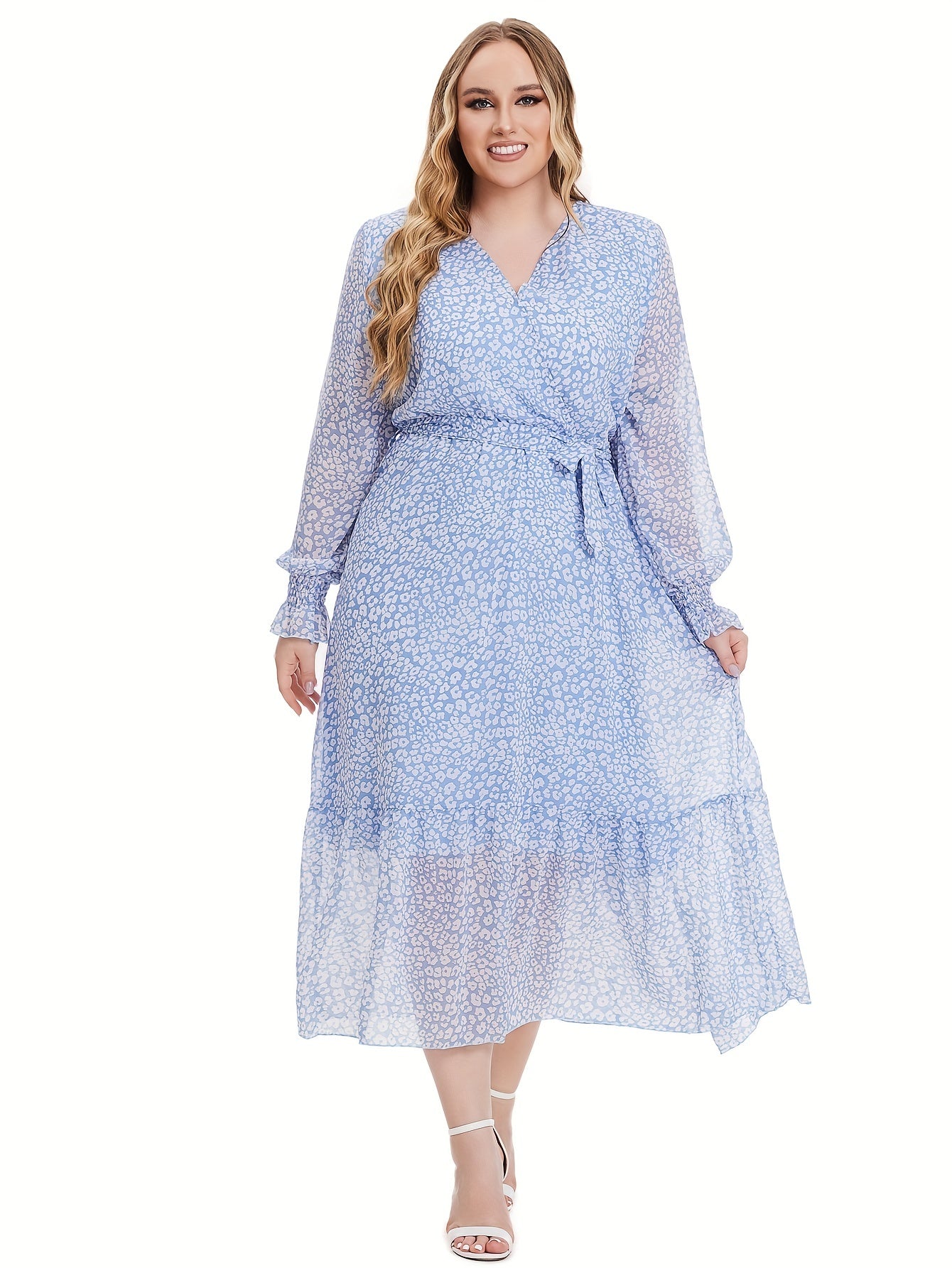 Dalmatian Print Flounce Sleeve Maxi Dress With Belt