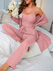 3pc Waffle Pajama Set: Robe, Cami Top, Lace Up Pant