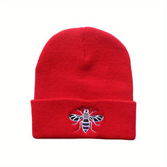 Bee Embroidery Knit Hat for Cycling, Warm Beanie for Sports