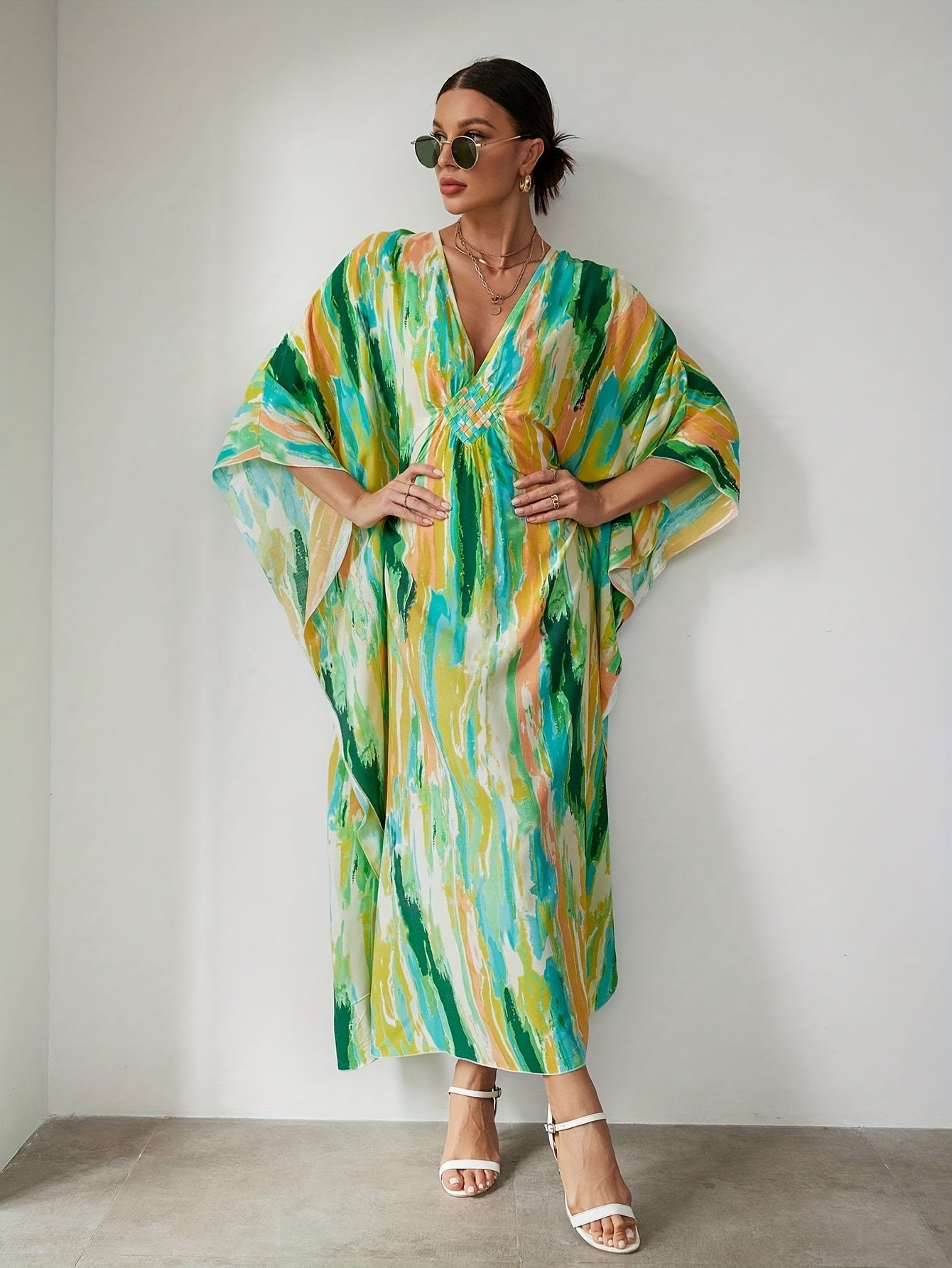 Boho Tie Dye Beach Cover Up Batwing Sleeves V Neck Split Loose Fit