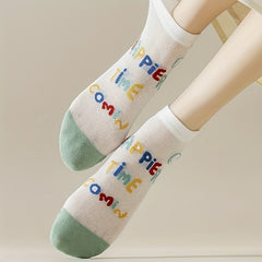 6 Pairs Smiling & Floral Print Women's Socks Sweet & Breathable Stockings
