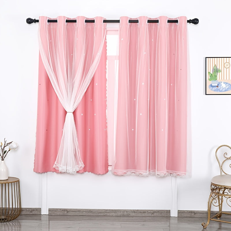 Blackout Star Window Curtain With Tulle Overlay