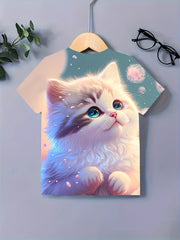 Dreamy Cat Graphic Short Sleeve T shirt For Girls