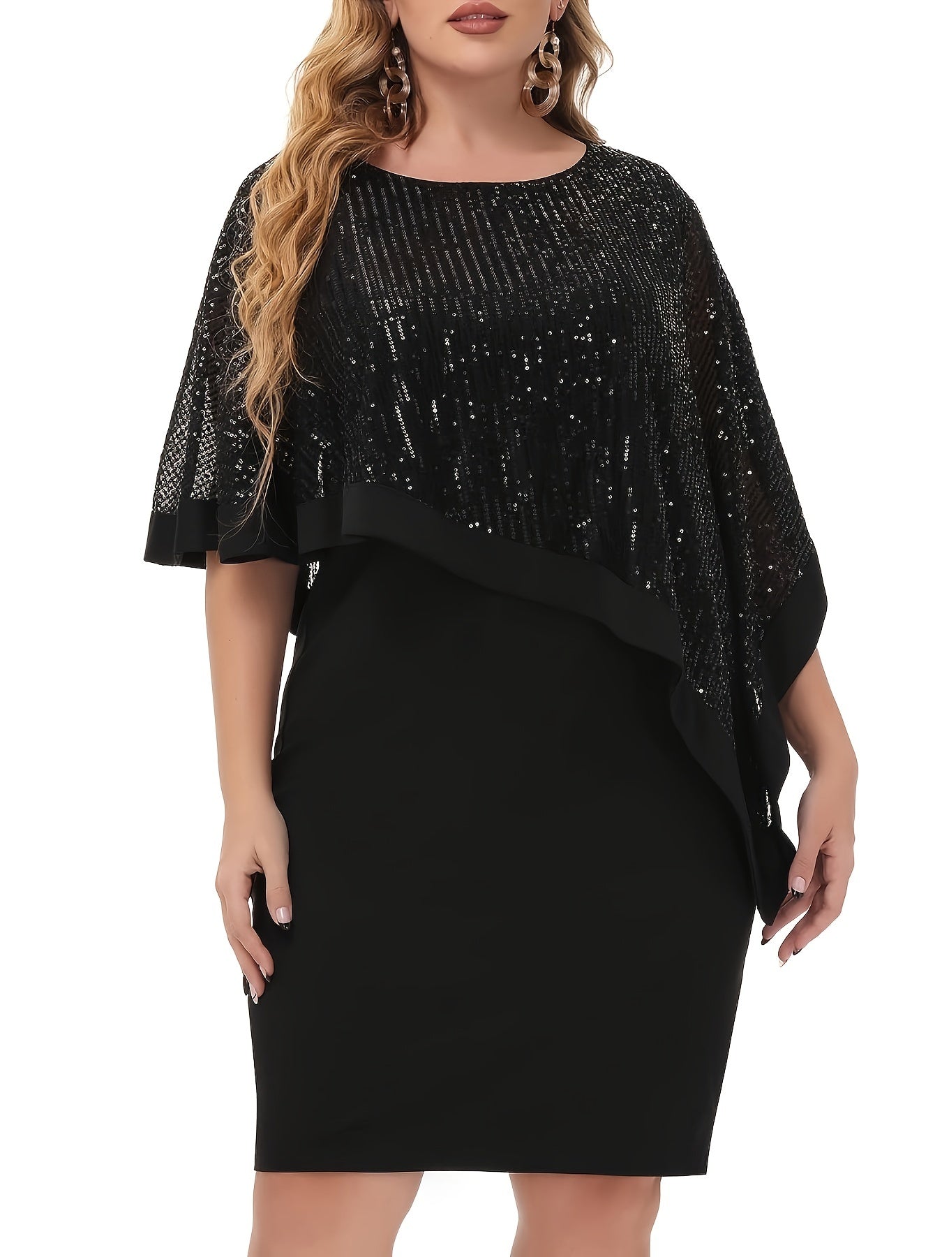 Sequin Cloak Sleeve Cocktail Party Formal Dress