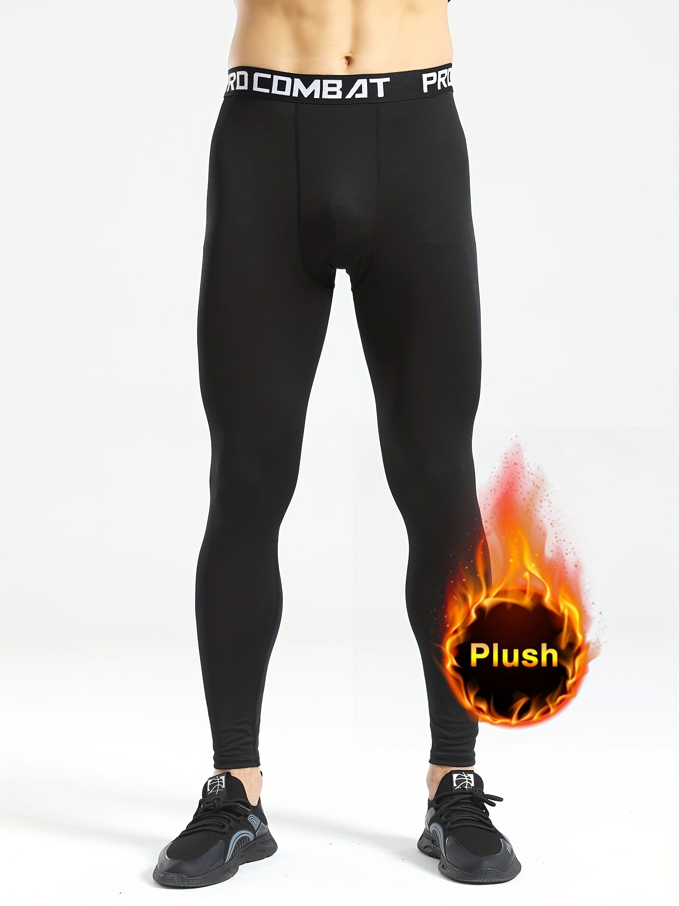 Men's Solid Sports PlushLeggings Active High Stretch Compression Pants