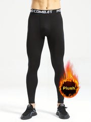Men's Solid Sports PlushLeggings Active High Stretch Compression Pants