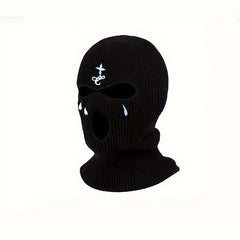 Knitted Ski Mask Full Face Covering Winter Cycling Cap Tears Embroidery