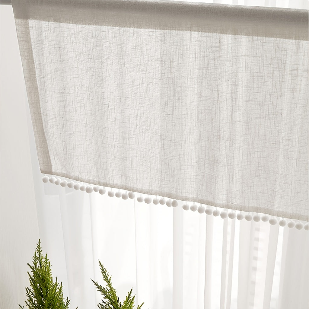 Boho Cotton Linen Curtain with Pom Poms Rod Pocket for Home Decor